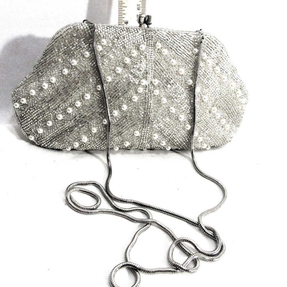 VINTAGE ANDRE' CELLINI  BEADED + PEARL 1960  HANDBAG + OPTIONAL LONG CHAIN STRAP